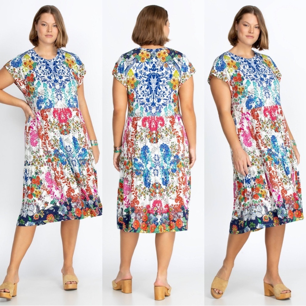 Johnny Was Shellinay Tiered Tea Length Jersey Knit Swing Dress Size Medium